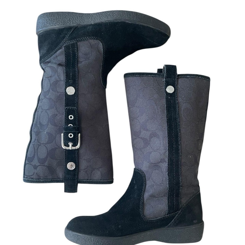 Coach‎ Logo Boots Black Suede Canvass Monogram Mid-Calf "Tullip" Women's 6.5